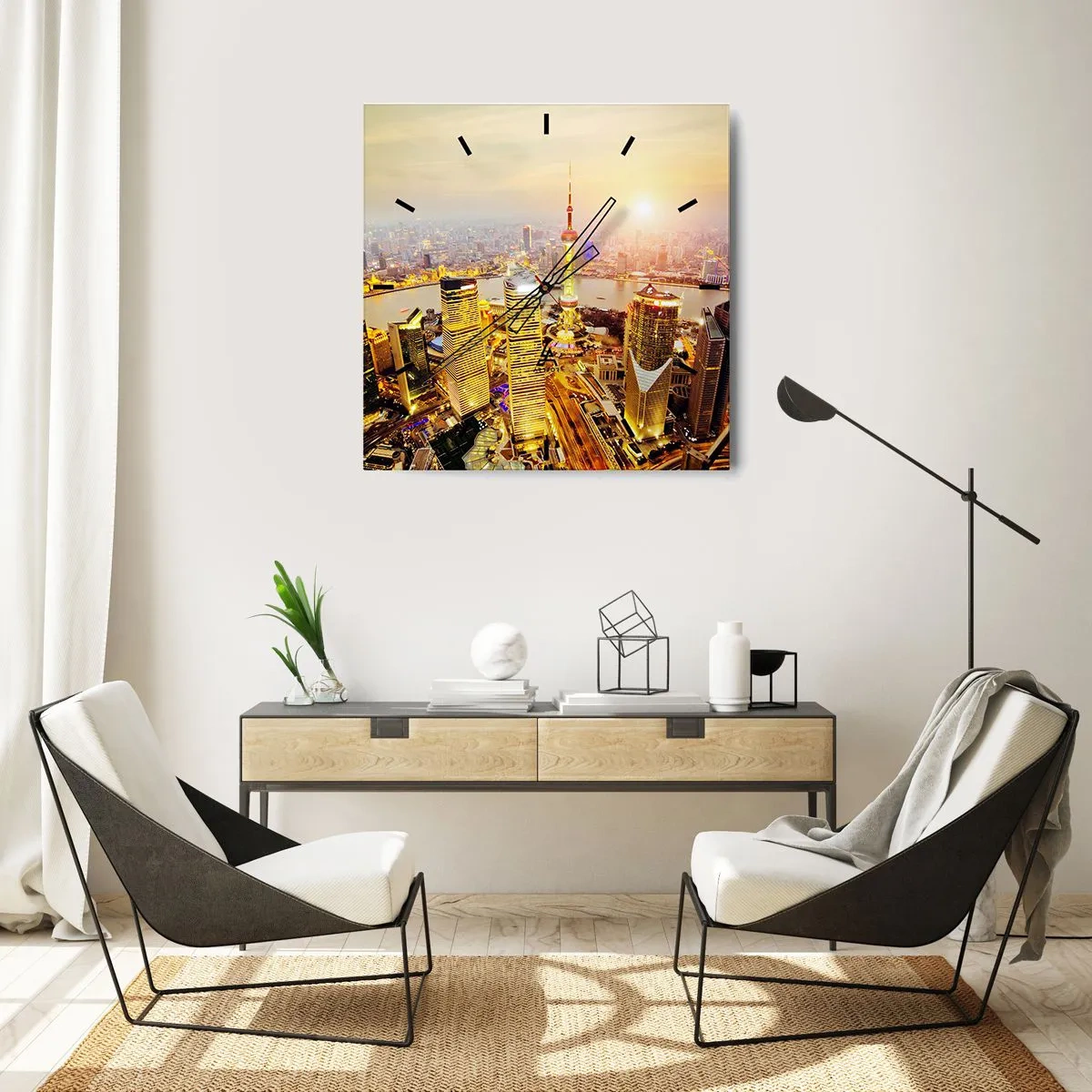Zegar ścienny - Panorama miasta z drapaczami chmur o zachodzie słońca - 30x30cm - Azjatycki sen - Nowoczesna dekoracja ścienna do salonu i sypialni ARTTOR