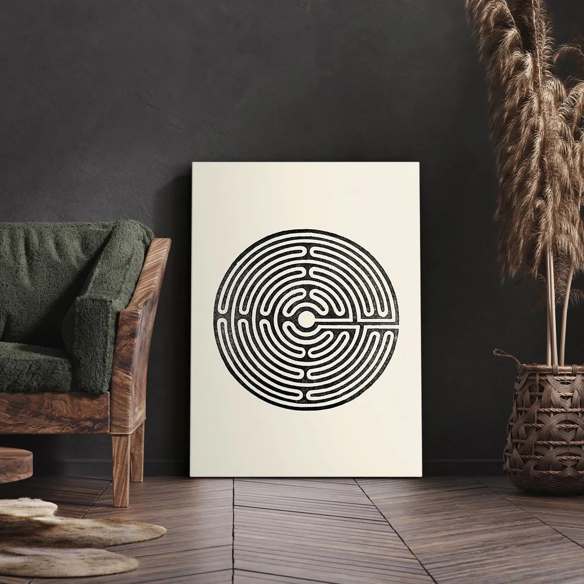 Obraz na płótnie - Minimalistyczny, czarno-biały labirynt w okrągłej formie na jasnym tle - 50x70cm - Tajemniczy porządek - Nowoczesna dekoracja ścienna do salonu, kuchni i sypialni ARTTOR