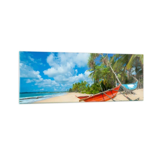 Obraz na szkle - Tropikalna plaża z palmami i kolorowymi łodziami - 140x50cm - Urok tropików - Nowoczesna dekoracja ścienna do salonu i sypialni ARTTOR