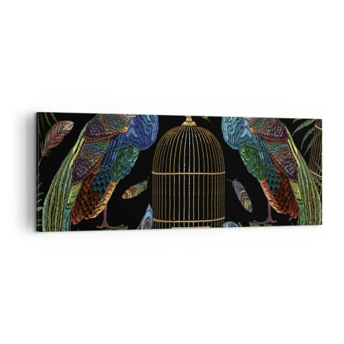 Obraz na płótnie - Pawie przy złotej klatce na czarnym tle - 140x50cm - W królewskich szatach - Nowoczesna dekoracja ścienna do salonu i sypialni ARTTOR