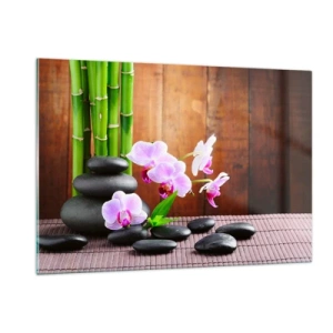 Obraz na szkle - Różowe orchidee, bambus i czarne kamienie na tle drewnianej ściany - 120x80cm - Poznaj przyjemności wschodu - Nowoczesna dekoracja ścienna do salonu, kuchni i sypialni ARTTOR