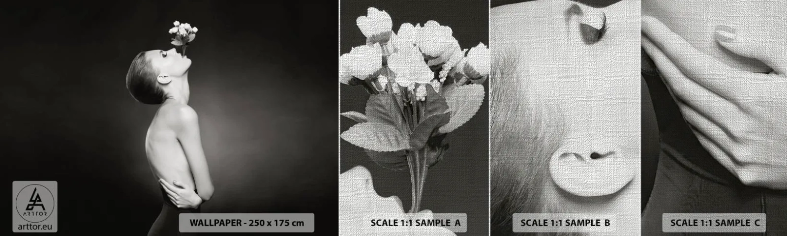 Fototapeta Próbka Premium Canvas - Ekscentryczna elegancja - Ciało, Kwiaty, Modelka - 100x30 cm