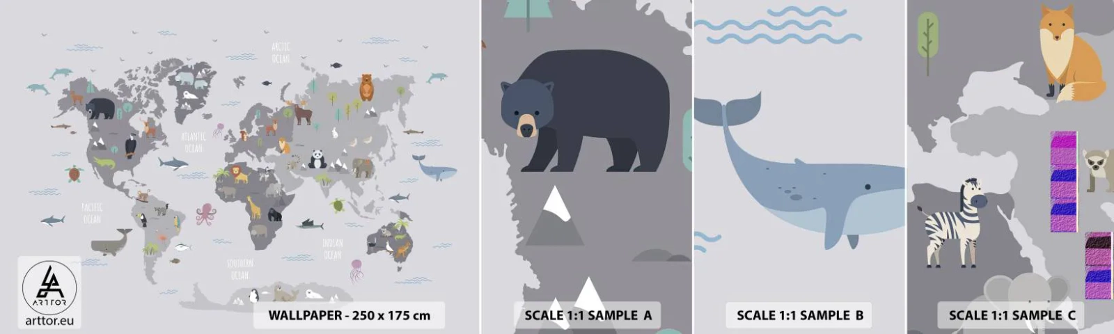 Fototapeta Próbka Standard Eco - Powiedz mi, skąd jesteś… - Mapa Świata, Zwierzęta, Kontynenty - 100x30 cm