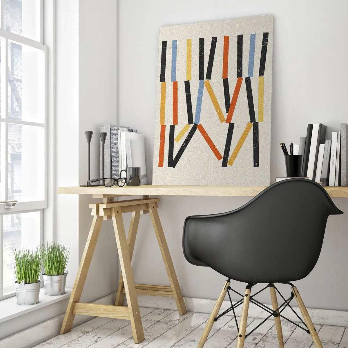 Obraz na szkle - Abstrakcyjna kompozycja z kolorowymi i czarnymi prostokątami w układzie poziomym - 80x120cm - Kompozycja na poziomie - Nowoczesna dekoracja ścienna do salonu i sypialni ARTTOR