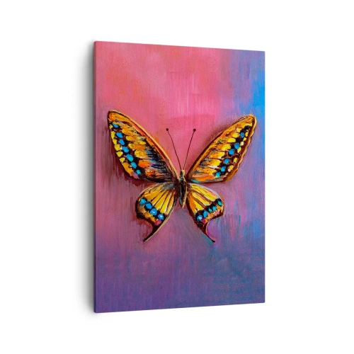 Obraz na płótnie - Kolorowy motyl na tle gradientu różu i fioletu - 50x70cm - Klejnot natury - Nowoczesna dekoracja ścienna do salonu, kuchni i sypialni ARTTOR