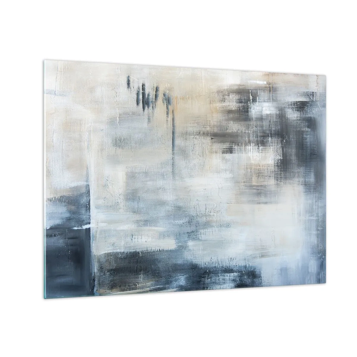Obraz na szkle - Abstrakcyjna kompozycja w odcieniach błękitu i szarości - 70x50cm - Za zasłoną błękitu - Nowoczesna dekoracja ścienna do salonu i sypialni ARTTOR