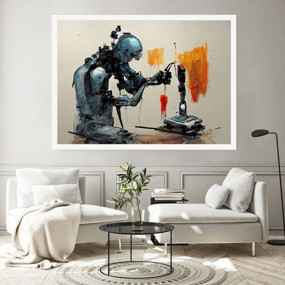 Plakat - Robot przy pracy z abstrakcyjnym tłem - 100x70cm - Już jutro… - Nowoczesna dekoracja ścienna do salonu i sypialni ARTTOR