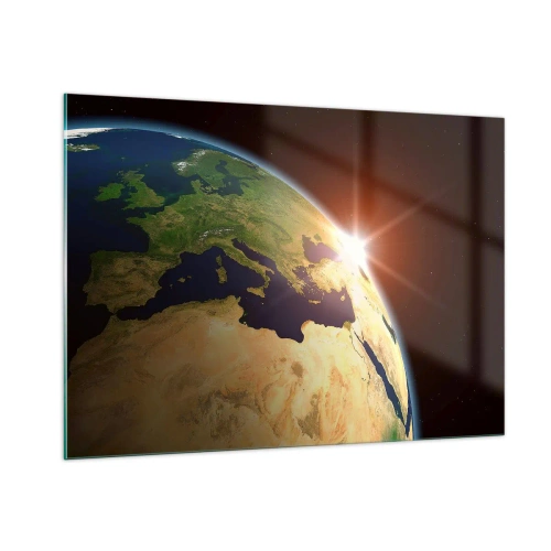 Obraz na szkle - Ziemia oświetlona wschodzącym słońcem z kosmosu - 100x70cm - Wschód słońca - Nowoczesna dekoracja ścienna do salonu, kuchni i sypialni ARTTOR