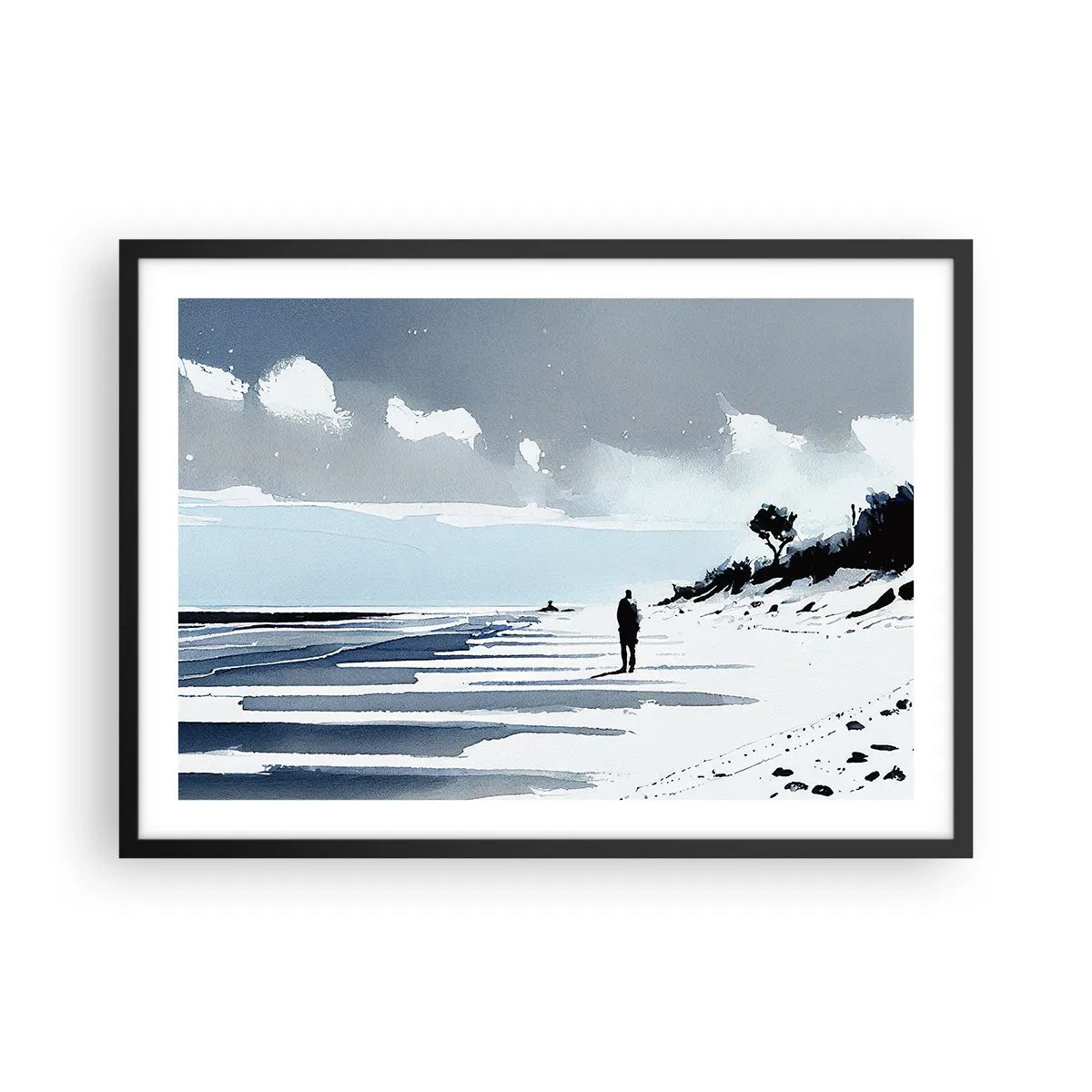 Plakat w czarnej ramie - Samotna postać spacerująca po pustej plaży - 70x50cm - Sam na sam - Nowoczesna dekoracja ścienna do salonu i sypialni ARTTOR