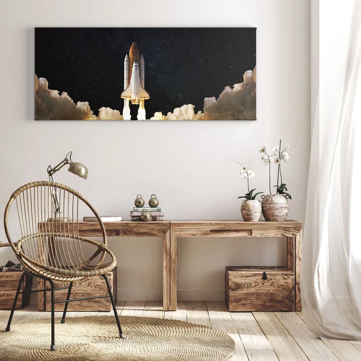Obraz na płótnie - Startująca rakieta kosmiczna na tle gwiaździstego nieba - 140x50cm - Ad astra! - Nowoczesna dekoracja ścienna do salonu i sypialni ARTTOR