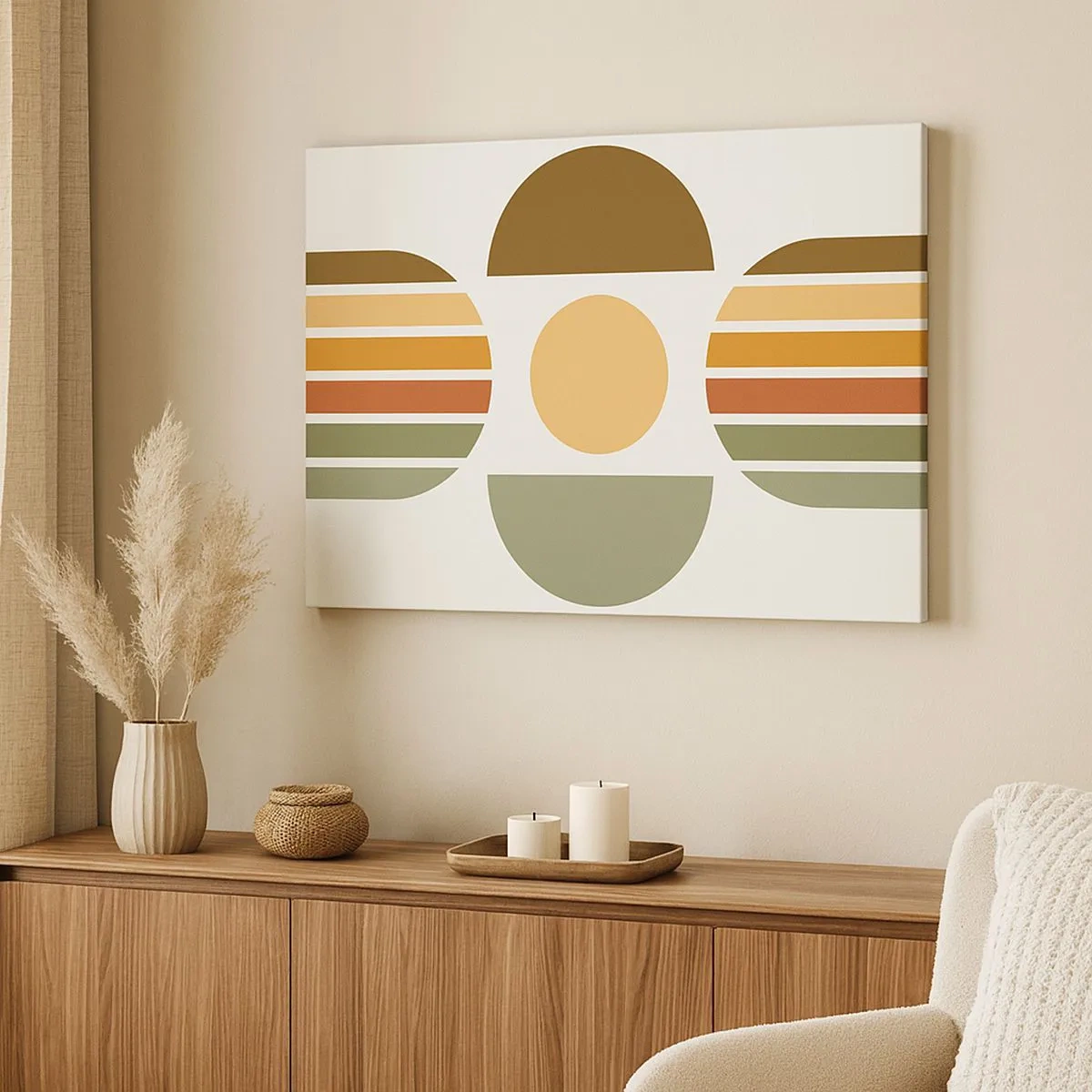 Obraz na płótnie - Geometryczna kompozycja z półokręgami i paskami w odcieniach ziemi - 70x50cm - W kolorach ziemi - Nowoczesna dekoracja ścienna do salonu i sypialni ARTTOR