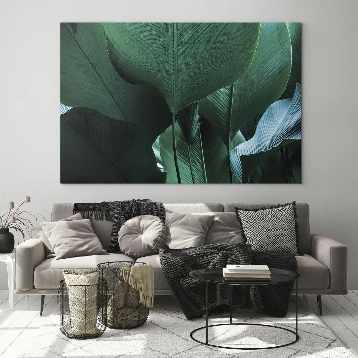 Obraz na szkle - Tropikalne liście w intensywnych odcieniach zieleni - 70x50cm - Zwrócone do światła - Nowoczesna dekoracja ścienna do salonu i sypialni ARTTOR