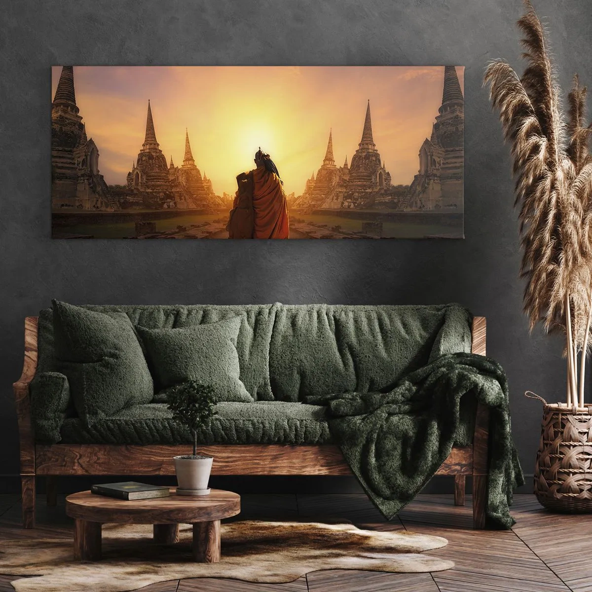Obraz na płótnie - Mnich wśród świątyń o zachodzie słońca - 140x50cm - W spokoju przez wieczność - Nowoczesna dekoracja ścienna do salonu i sypialni ARTTOR