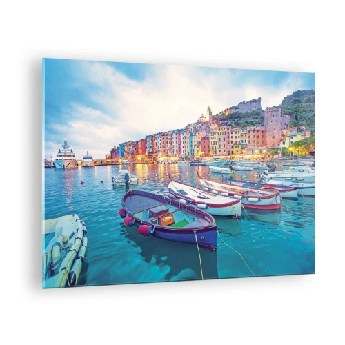 Obraz na szkle - Wieczorny widok na Cinque Terre z kolorowymi budynkami - 70x50cm - Kolorowy wieczór w porcie - Nowoczesna dekoracja ścienna do salonu i sypialni ARTTOR