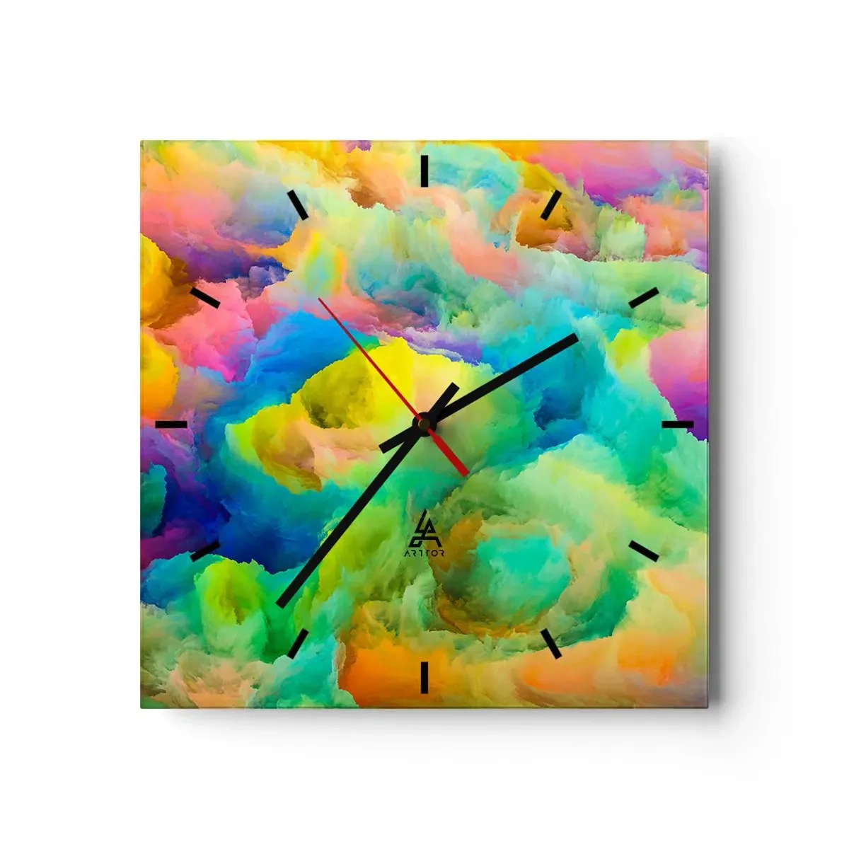 Zegar ścienny - Abstrakcyjna kompozycja w tęczowych barwach - 30x30cm - Tęczowy puch - Nowoczesna dekoracja ścienna do salonu i sypialni ARTTOR