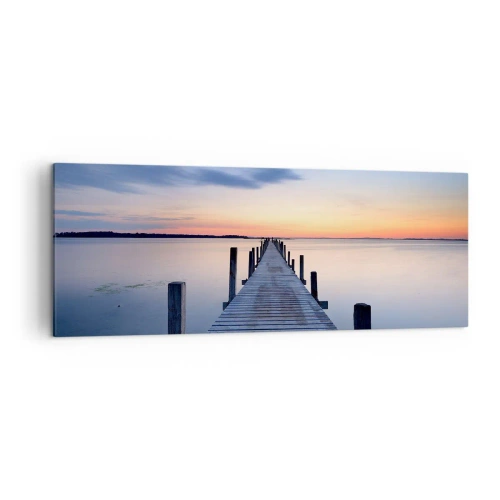 Obraz na płótnie - Drewniany pomost na jeziorze o zachodzie słońca - 140x50cm - Spokój pogodnego zmierzchu - Nowoczesna dekoracja ścienna do salonu i sypialni ARTTOR