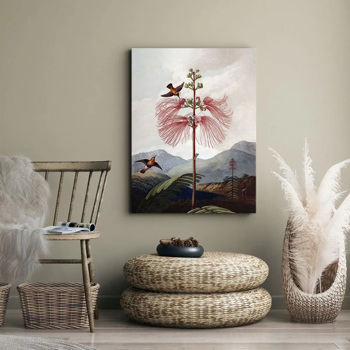 Obraz na płótnie - Ilustracja botaniczna z egzotycznym kwiatem i kolibrami na tle górskiego krajobrazu - 50x70cm - W tropikalnym raju - Nowoczesna dekoracja ścienna do salonu, kuchni i sypialni ARTTOR