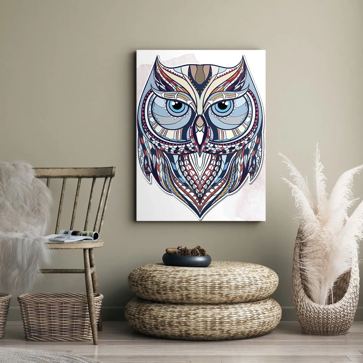 Obraz na płótnie - Abstrakcyjna sowa z geometrycznymi wzorami w odcieniach niebieskiego - 50x70cm - Kunsztowna sowa ornamentowa - Nowoczesna dekoracja ścienna do salonu, kuchni i sypialni ARTTOR