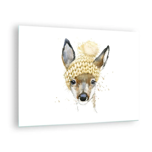 Obraz na szkle - Sarna w wełnianej czapce z pomponem - 70x50cm - Na zimę w śnieżnym lesie - Nowoczesna dekoracja ścienna do salonu i sypialni ARTTOR