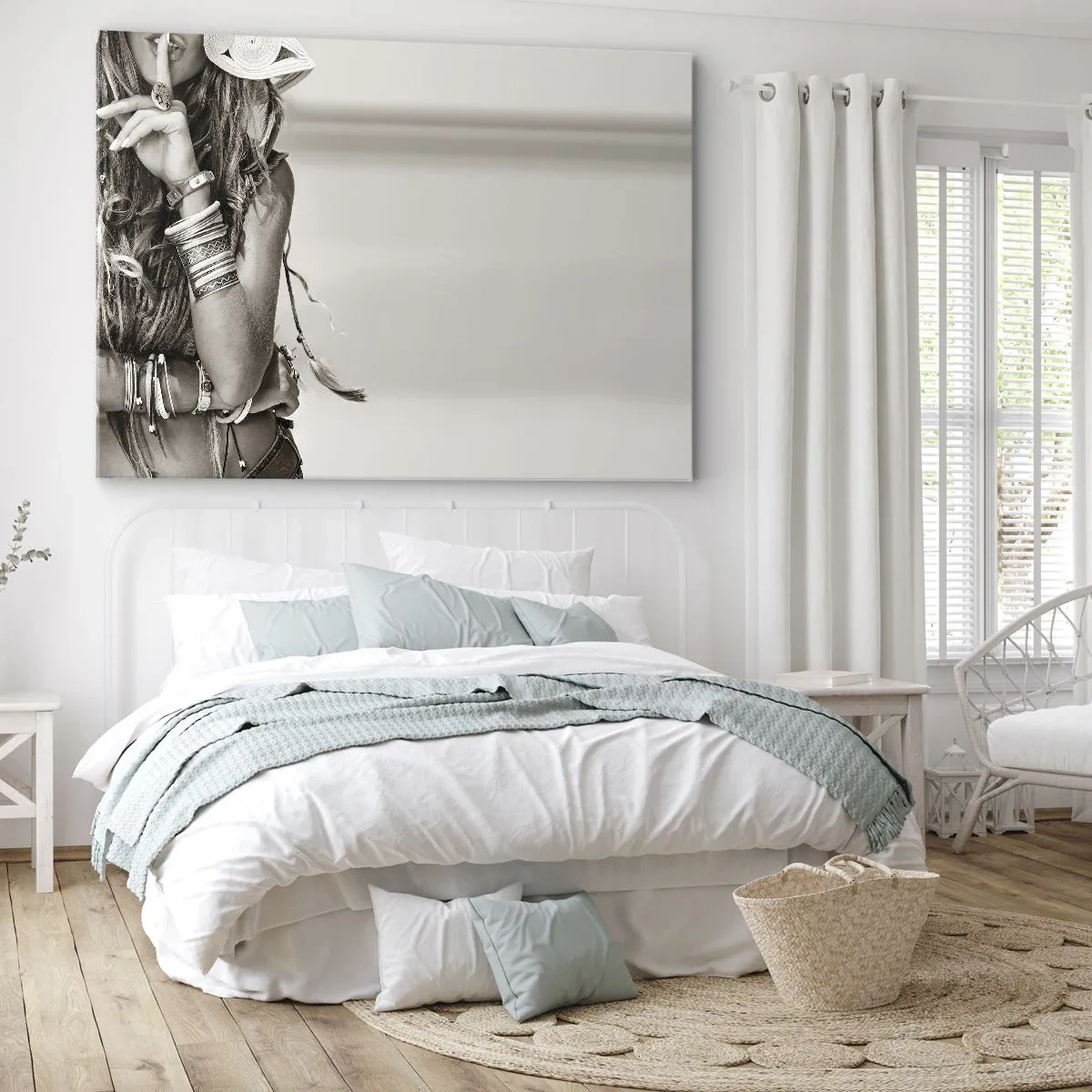 Obraz na płótnie - Portret kobiety w stylu boho z biżuterią - 100x70cm - Jak to dziewczyna - Nowoczesna dekoracja ścienna do salonu, kuchni i sypialni ARTTOR