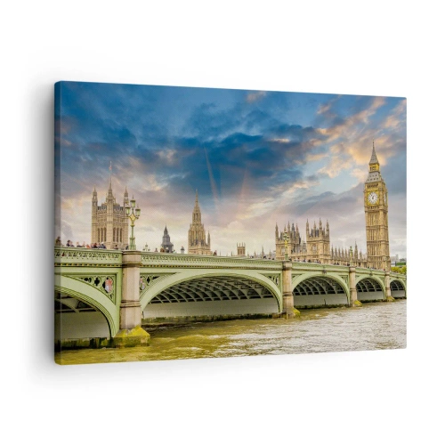 Obraz na płótnie - Big Ben i Westminster Bridge na tle nieba o zmierzchu - 70x50cm - Czas stanął w Imperium - Nowoczesna dekoracja ścienna do salonu i sypialni ARTTOR