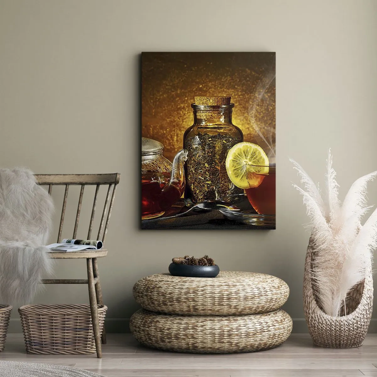 Obraz na płótnie - Herbata z cytryną na złotym tle - 50x70cm - W stylu holenderskich mistrzów - Nowoczesna dekoracja ścienna do salonu, kuchni i sypialni ARTTOR