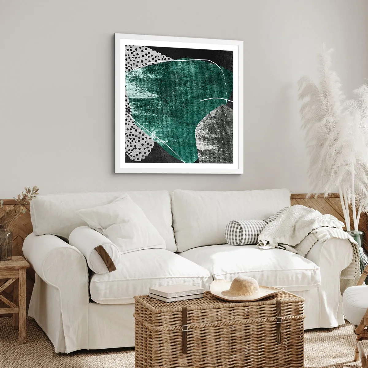 Plakat w białej ramie - Barwna abstrakcja z płatkiem złota - 30x30 cm