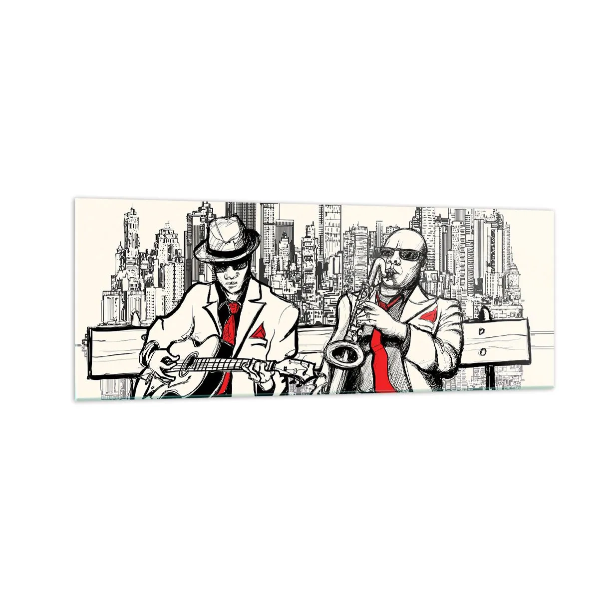 Obraz na szkle - Jazzowy duet z saksofonem i gitarą na tle miasta - 140x50cm - Nowojorska improwizacja - Nowoczesna dekoracja ścienna do salonu i sypialni ARTTOR