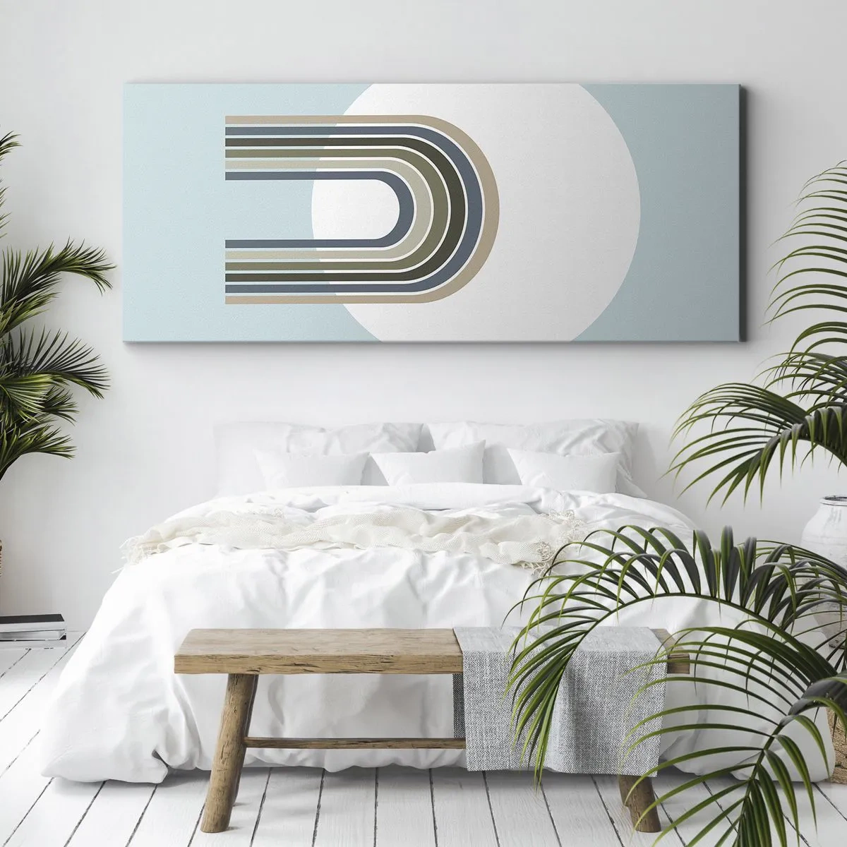 Obraz na płótnie - Minimalistyczna kompozycja z okręgiem i liniami na pastelowym tle - 160x50cm - Nieodparte przyciąganie - Nowoczesna dekoracja ścienna do salonu i sypialni ARTTOR