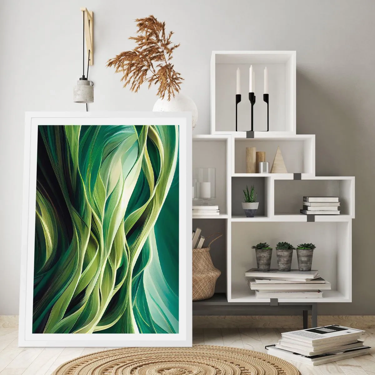 Plakat w białej ramie - Abstrakcyjna gra w zielone - 61x91 cm