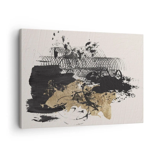 Obraz na płótnie - Abstrakcyjny obraz w czerni i złocie z dynamicznymi liniami i strukturami - 70x50cm - Kompozycja z pasją - Nowoczesna dekoracja ścienna do salonu i sypialni ARTTOR