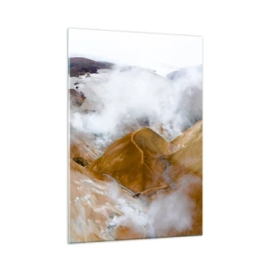 Obraz na szkle - Widok z lotu ptaka na parujące islandzkie wzgórza i doliny - 50x70cm - Surowa uroda Islandii - Nowoczesna dekoracja ścienna do salonu, kuchni i sypialni ARTTOR