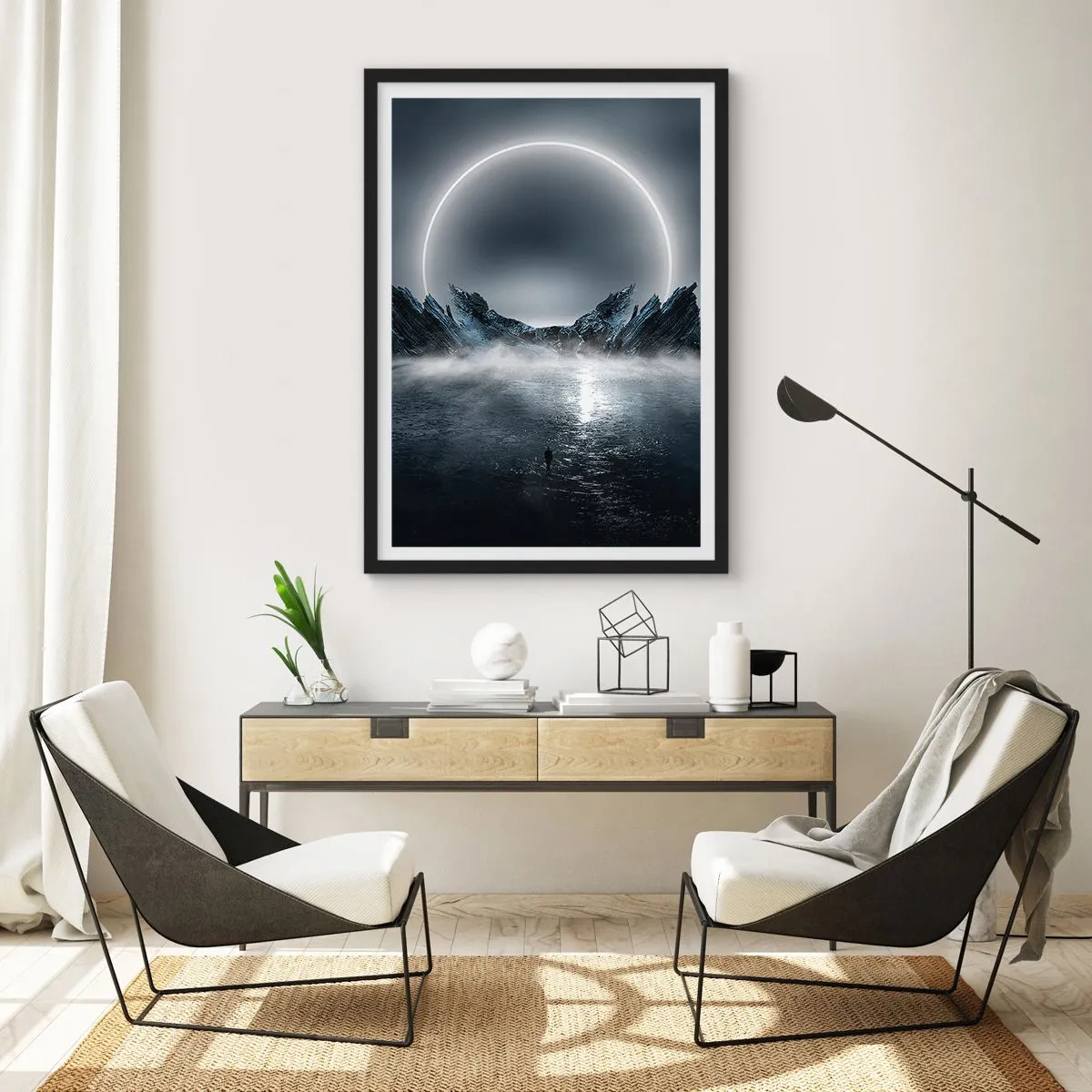 Plakat w czarnej ramie - Tajemniczy krajobraz z jasnym okręgiem na niebie - 50x70cm - Finał opowieści - Nowoczesna dekoracja ścienna do salonu i sypialni ARTTOR
