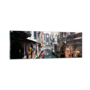 Obraz na szkle - Pejzaż wenecki z gondolą i mostkiem - 90x30 cm