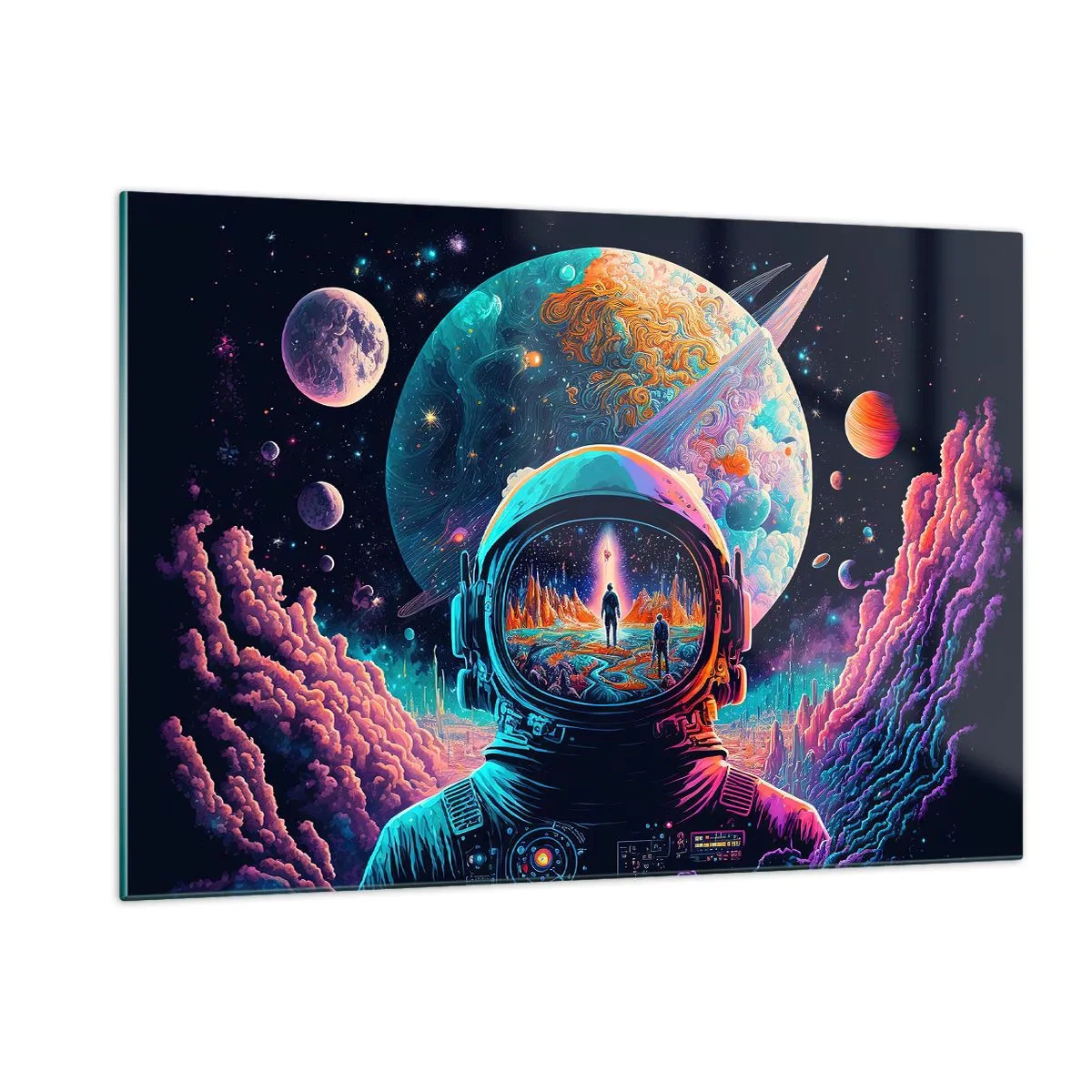 Obraz na szkle - Kosmiczny pejzaż z astronautą i surrealistyczną planetą - 120x80cm - Filozofom się nie śniło - Nowoczesna dekoracja ścienna do salonu, kuchni i sypialni ARTTOR