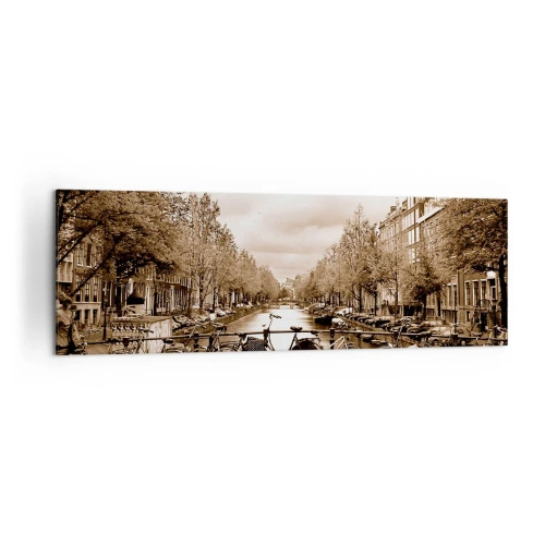 Obraz na płótnie - Rowerowy mostek nad kanałem w sepia - 160x50cm - Holenderskie klimaty - Nowoczesna dekoracja ścienna do salonu i sypialni ARTTOR