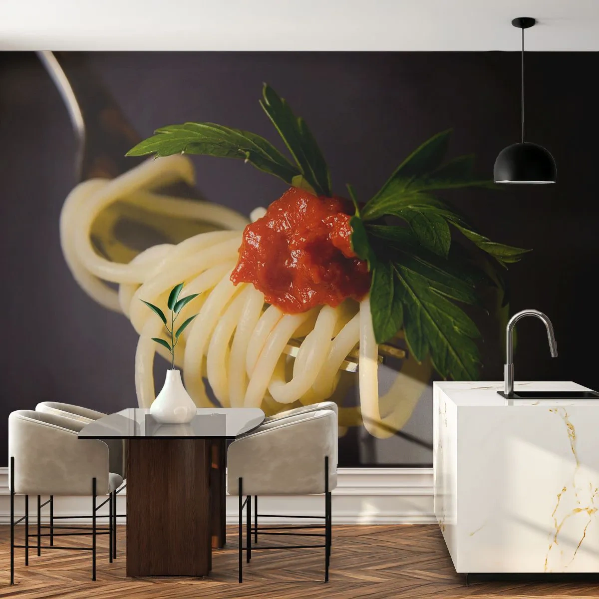 Fototapeta Premium Sand - Makaron spaghetti na widelcu z sosem pomidorowym i natką - 100x70cm - Smakowity kęs - Nowoczesna dekoracja ścienna do salonu, kuchni i sypialni ARTTOR