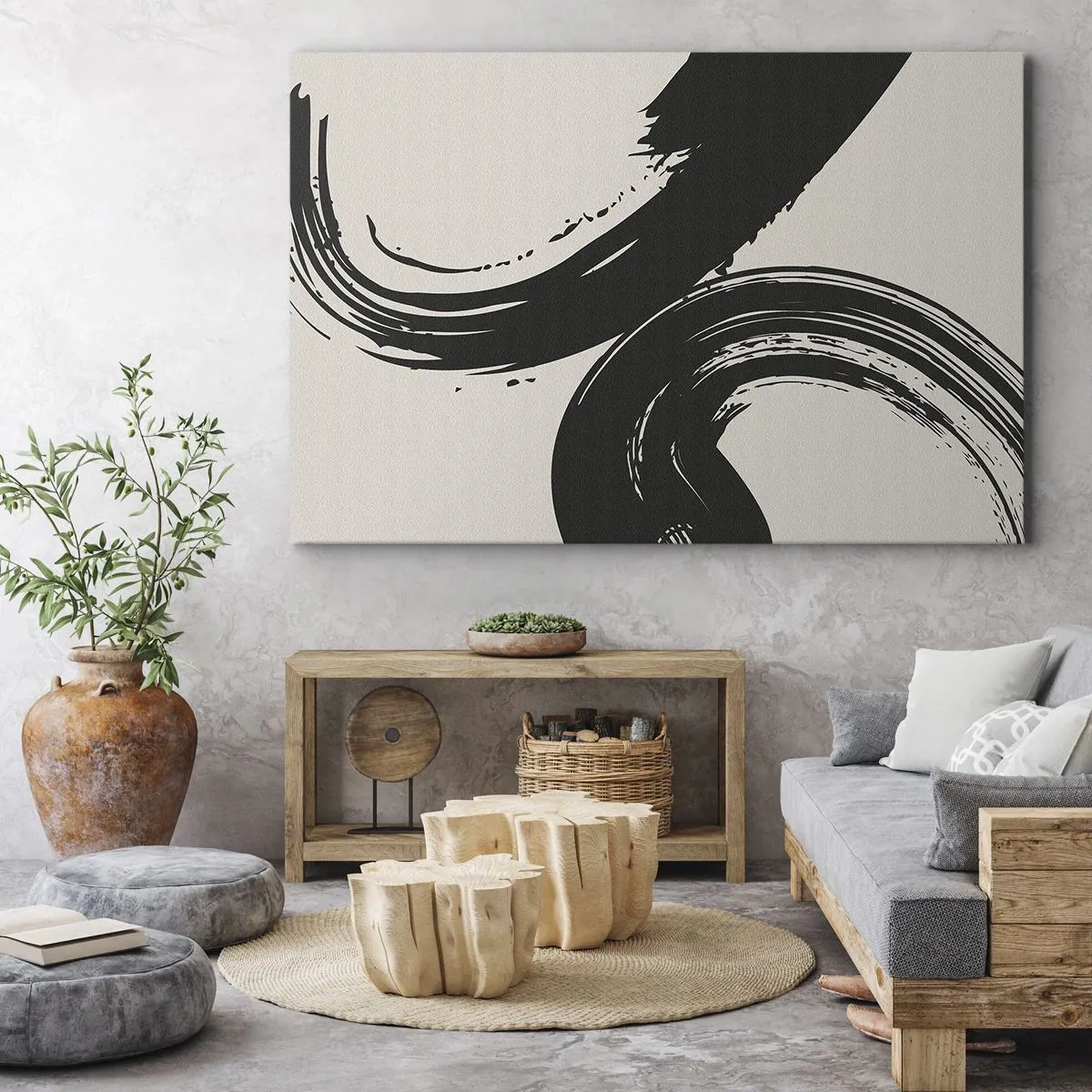Obraz na płótnie - Dynamiczne pociągnięcia pędzla w czerni na jasnym tle - 70x50cm - Zamaszyście i koliście - Nowoczesna dekoracja ścienna do salonu i sypialni ARTTOR
