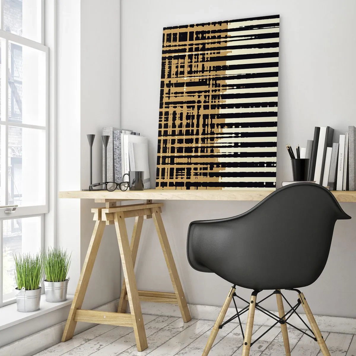 Obraz na szkle - Geometryczne pasy i linie w odcieniach czerni i złota - 50x70cm - Architektoniczna abstrakcja - Nowoczesna dekoracja ścienna do salonu, kuchni i sypialni ARTTOR
