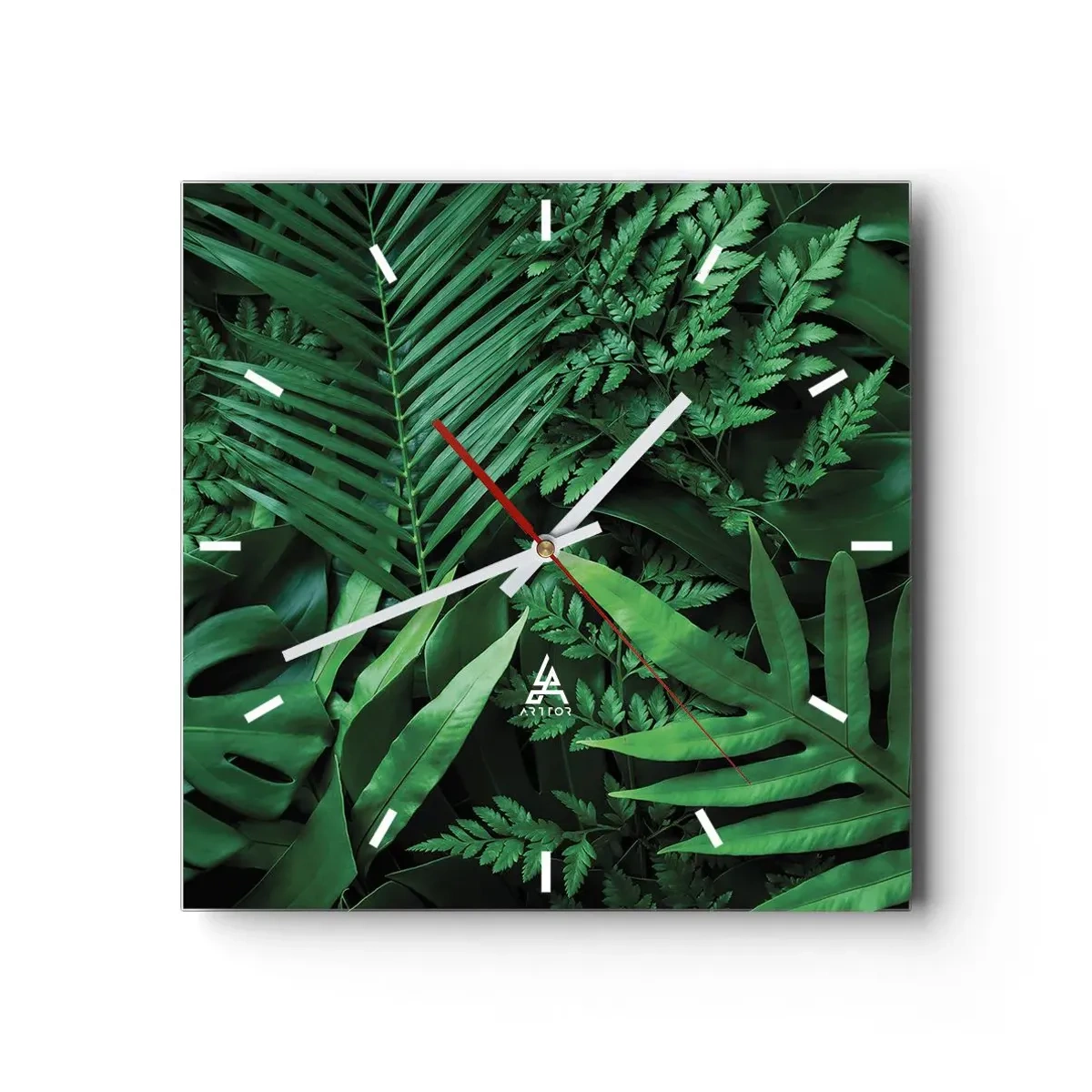 Zegar ścienny - Zielone liście tropikalne w gęstej i naturalnej kompozycji - 30x30cm - Utulone w zieleni - Nowoczesna dekoracja ścienna do salonu i sypialni ARTTOR