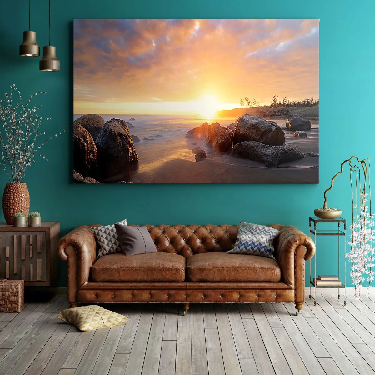 Obraz na płótnie - Zachód słońca nad kamienistym wybrzeżem - 100x70cm - Świetlista bryza wieczoru - Nowoczesna dekoracja ścienna do salonu, kuchni i sypialni ARTTOR