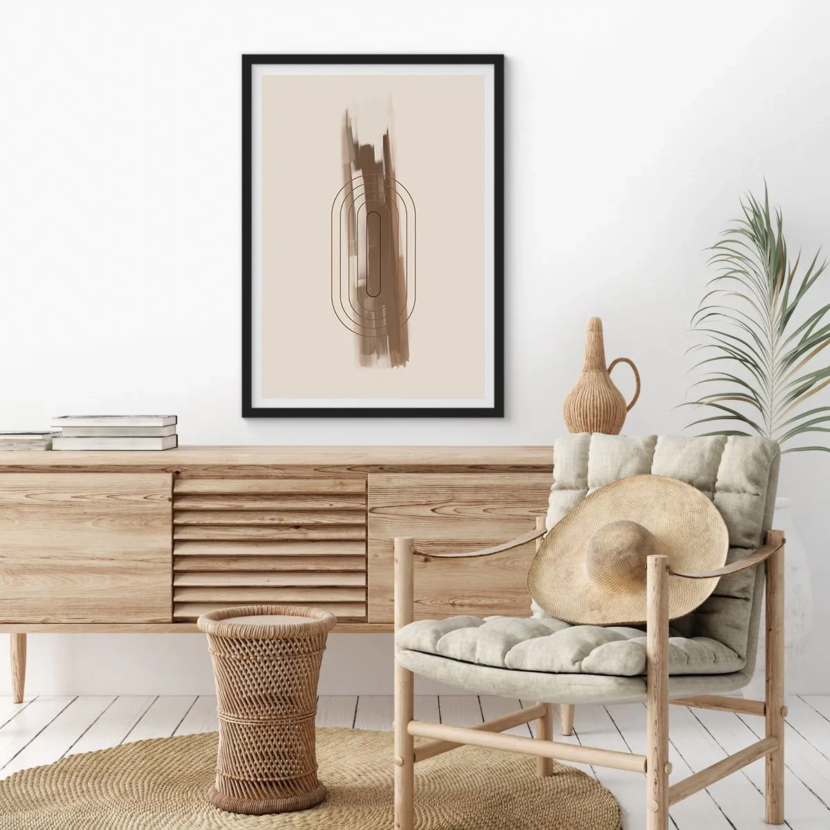 Plakat w czarnej ramie - Geometryczna forma w odcieniach brązu i beżu - 50x70cm - Powiew szarości - Nowoczesna dekoracja ścienna do salonu i sypialni ARTTOR