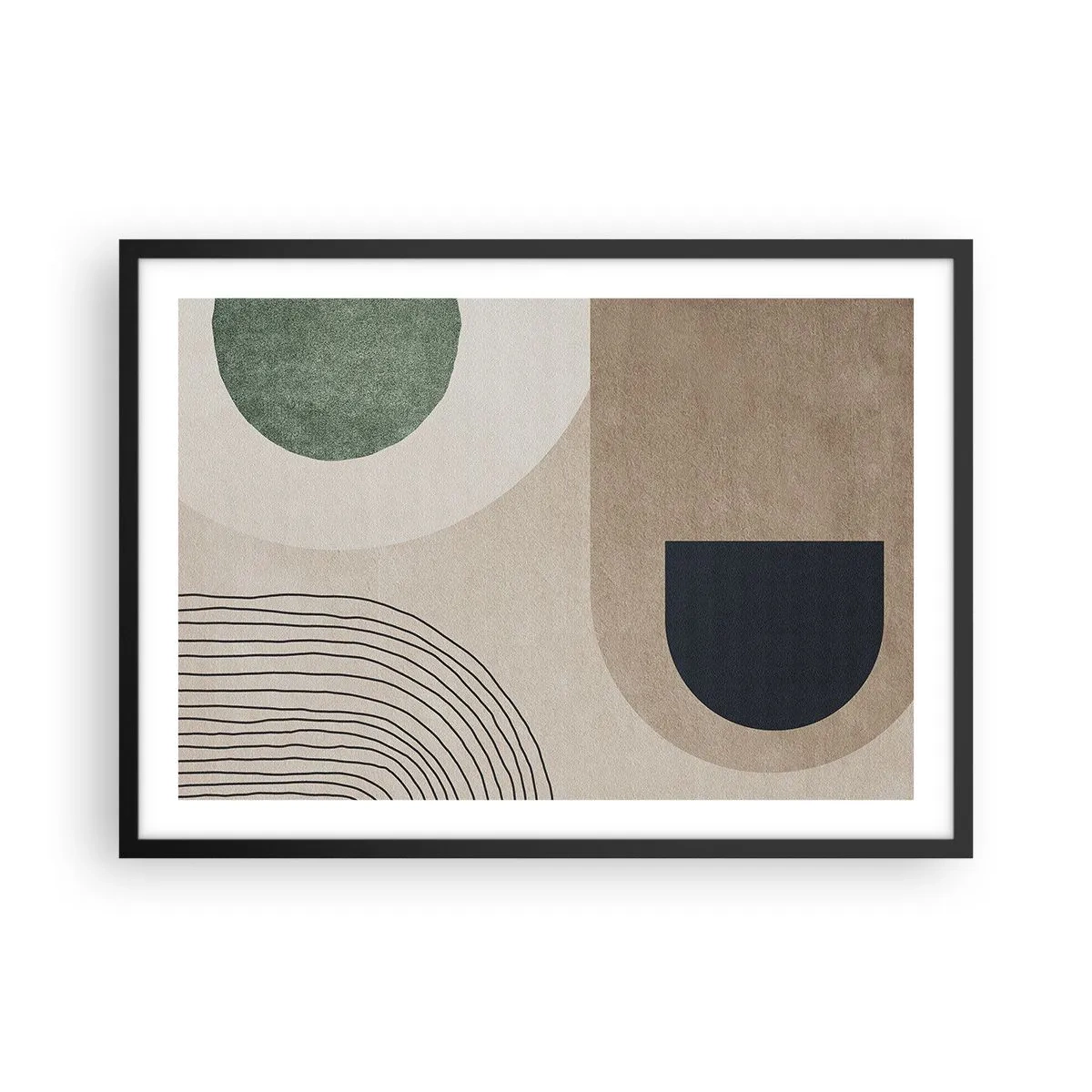 Plakat w czarnej ramie - Geometryczne kształty w odcieniach beżu i zieleni - 70x50cm - Łagodność owalu - Nowoczesna dekoracja ścienna do salonu i sypialni ARTTOR