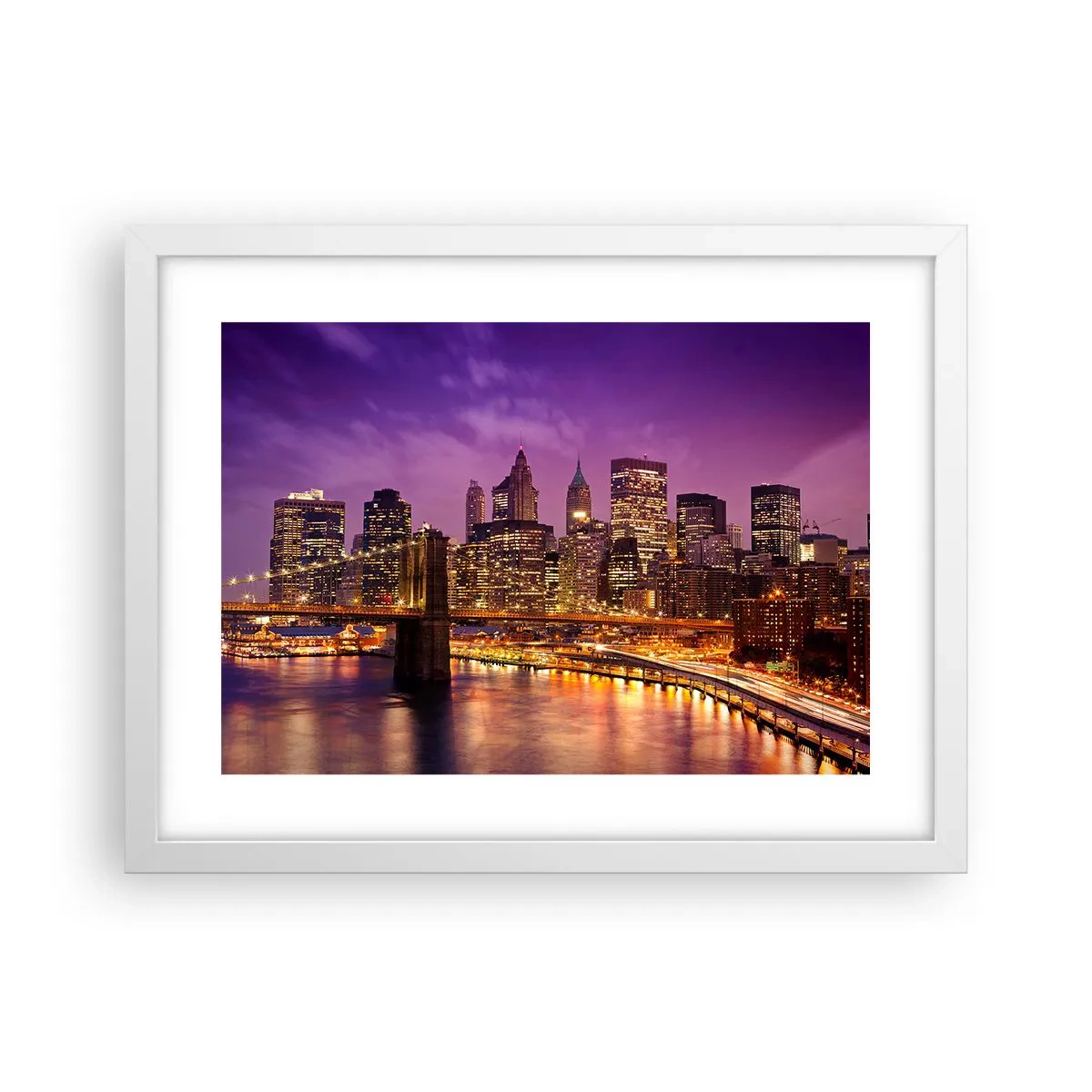Plakat w białej ramie - Fioletowo-złoty Manhathann - 40x30 cm