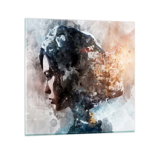 Obraz na szkle - Opowieść o dziewczynie z miastem w tle - 40x40 cm