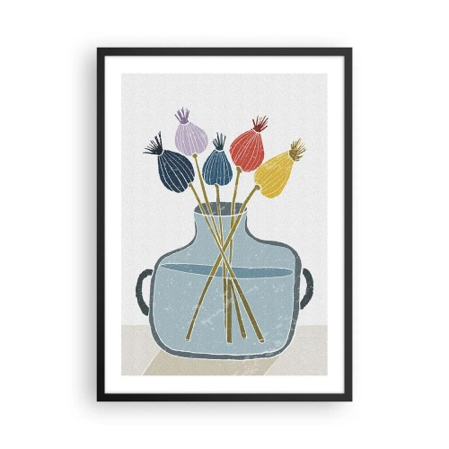 Plakat w czarnej ramie - Minimalistyczna kompozycja makówek w szklanym wazonie - 50x70cm - Jak makiem zasiał - Nowoczesna dekoracja ścienna do salonu i sypialni ARTTOR