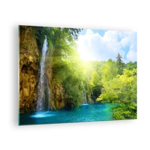 Obraz na szkle - Wodospad wpadający do błękitnego jeziora otoczonego zielenią - 70x50cm - To musi być Eden - Nowoczesna dekoracja ścienna do salonu i sypialni ARTTOR