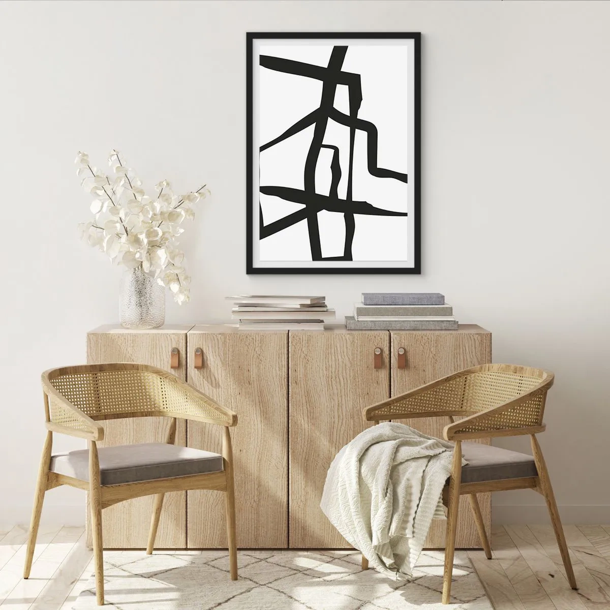 Plakat w czarnej ramie - Abstrakcyjna kompozycja czarnych linii na białym tle - 50x70cm - Czarno-biała konstrukcja - Nowoczesna dekoracja ścienna do salonu i sypialni ARTTOR