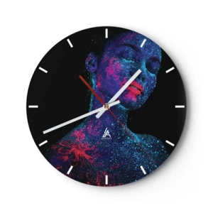 Zegar ścienny - Portret kobiety z fluorescencyjnymi malunkami na twarzy - 30x30cm - W gwiezdnym pyle - Nowoczesna dekoracja ścienna do salonu, kuchni i sypialni ARTTOR