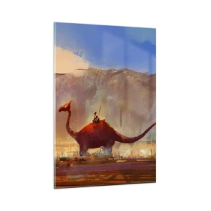 Obraz na szkle - Fantazyjna scena z jeźdźcem na prehistorycznym stworzeniu - 80x120cm - Gdyby nie wyginęły - Nowoczesna dekoracja ścienna do salonu i sypialni ARTTOR